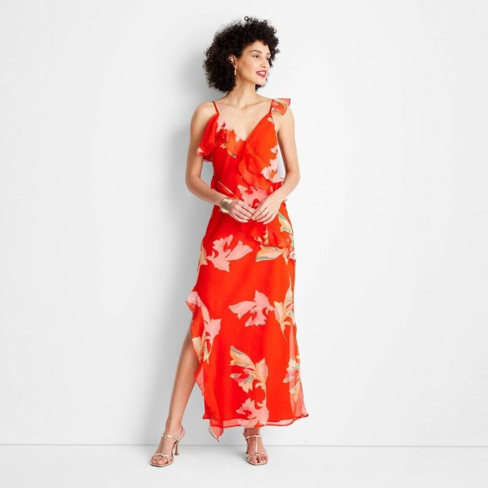 Red Floral Slip Maxi Dress with Ruffle Detail